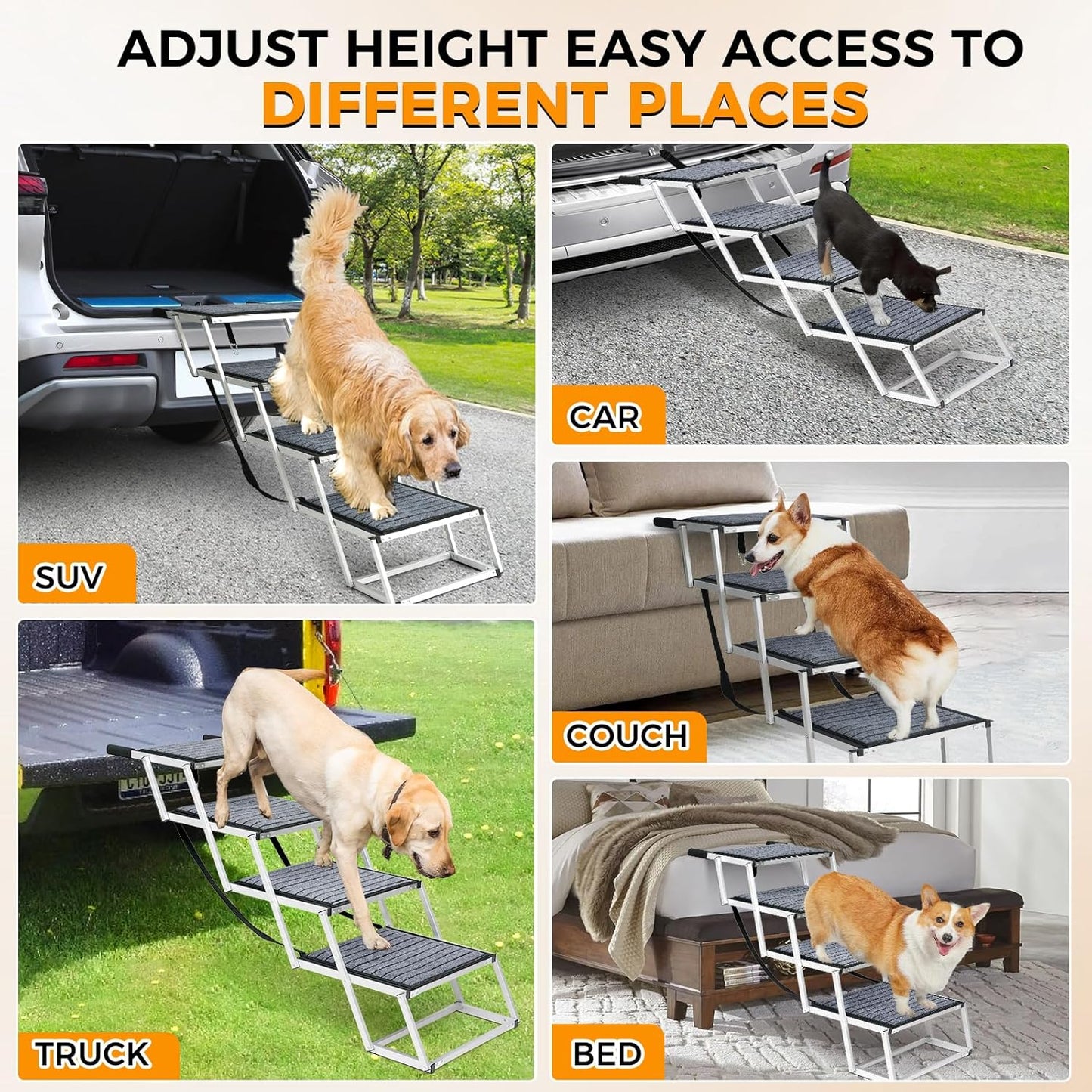 Gadvera™ Extra-Wide Aluminum Dog Ramp – Non-Slip 4-Step Folding Pet Stairs for Cars, SUVs & Trucks | Lightweight, Easy to Fold, with Carpet Surface for Safe Travel