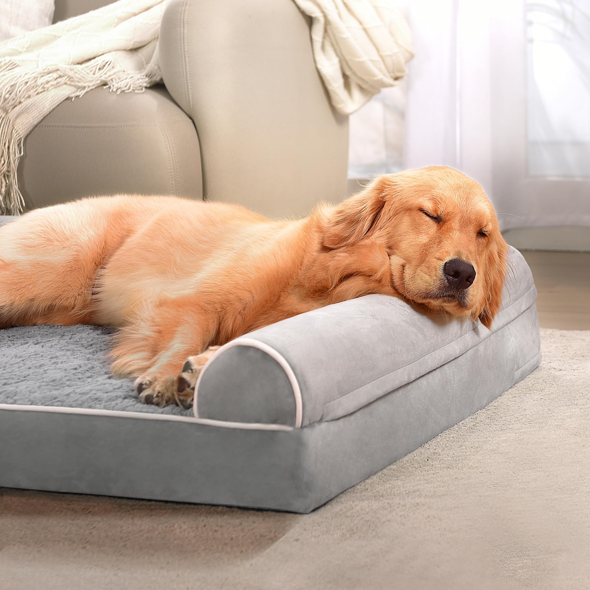 Gadvera Large Orthopedic Dog Bed - U-Shape Bolster, Washable Cover, Waterproof, 106x76x19cm - Grey