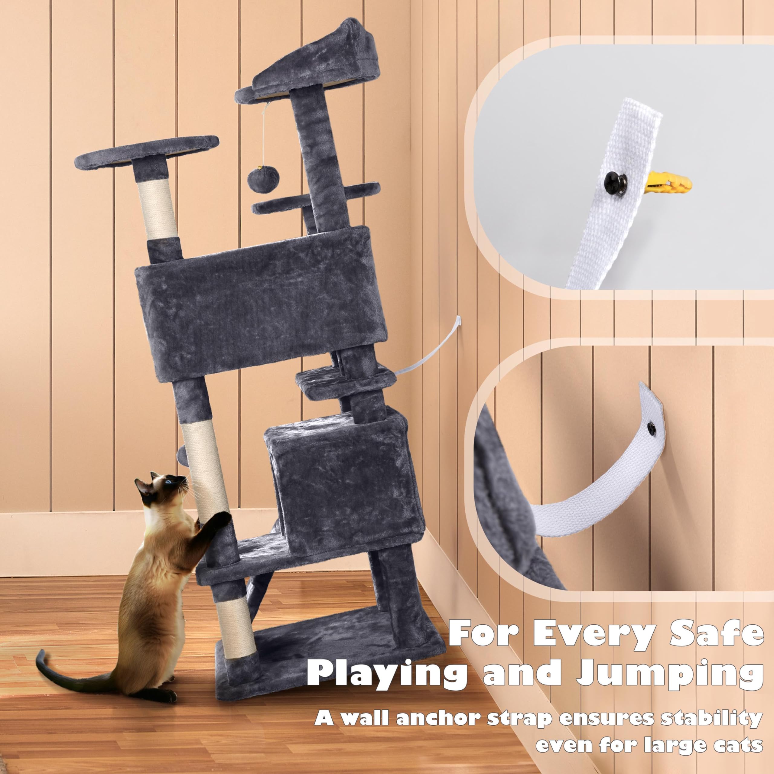 Gadvera 138.5cm Cat Tree - Scratching Posts, Condos & Ladder - Dark Grey