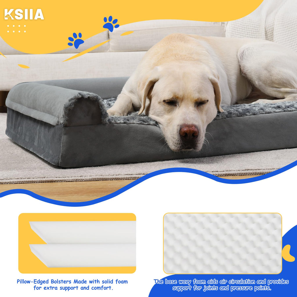 Gadvera Large Orthopedic Dog Bed - U-Shape Bolster, Waterproof, Washable Cover, 90x57x16cm - Grey