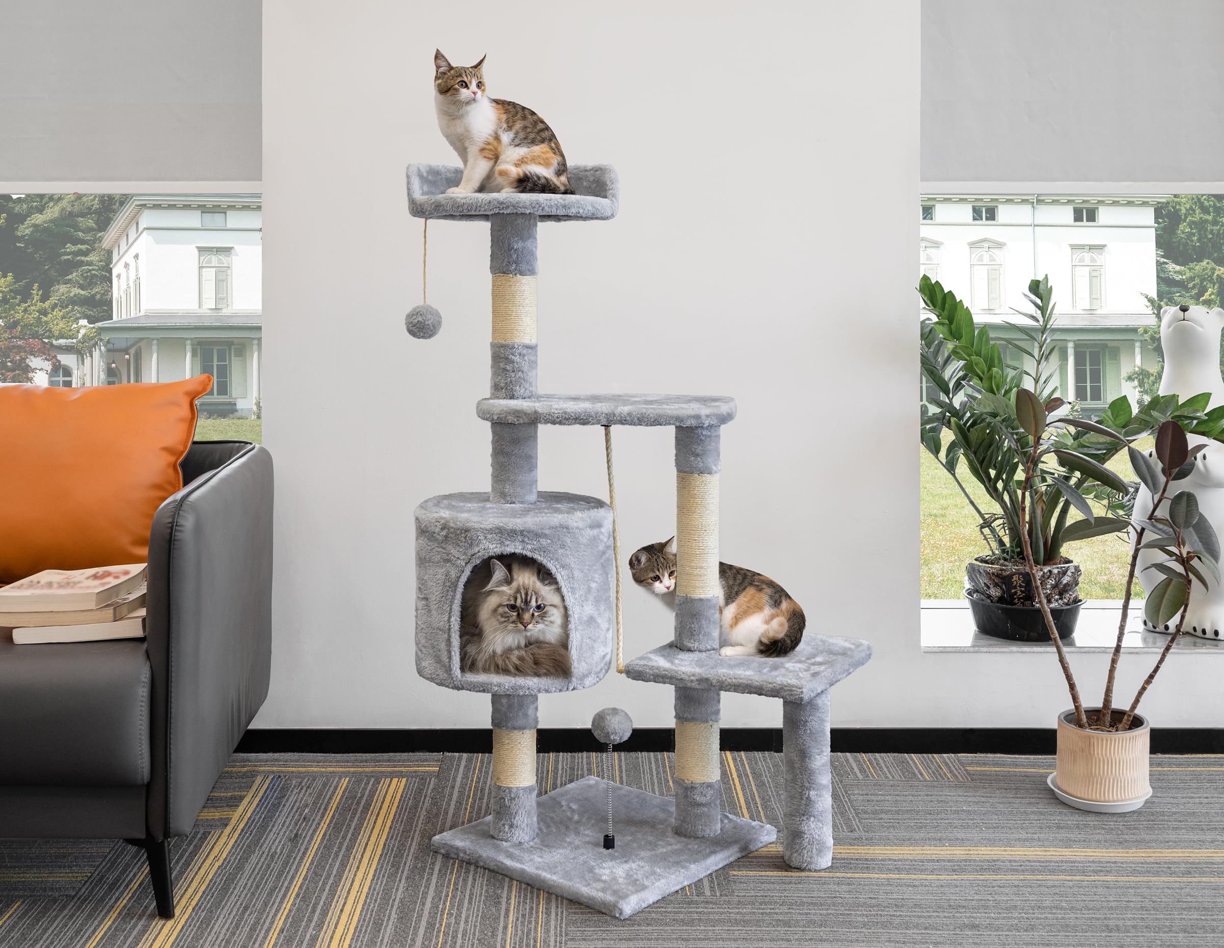 Gadvera 112cm Cat Tree - Multi-Level Scratching Post with Sisal Posts, Cave, Toy Balls - Grey