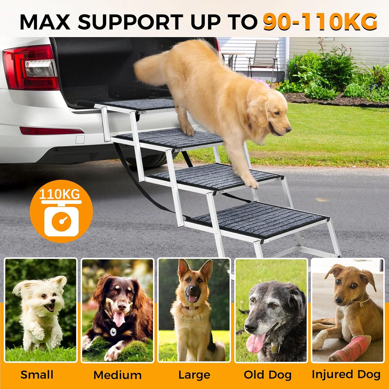 Gadvera™ Extra-Wide Aluminum Dog Ramp – Non-Slip 4-Step Folding Pet Stairs for Cars, SUVs & Trucks | Lightweight, Easy to Fold, with Carpet Surface for Safe Travel