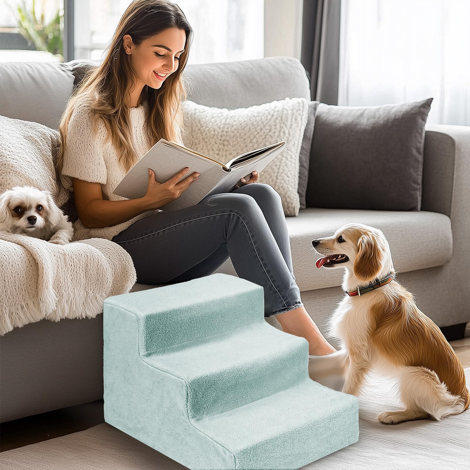Gadvera 3-Step Dog Ramp - Non-Slip Pet Stairs for Small Dogs & Cats, Sofa Access - Grey
