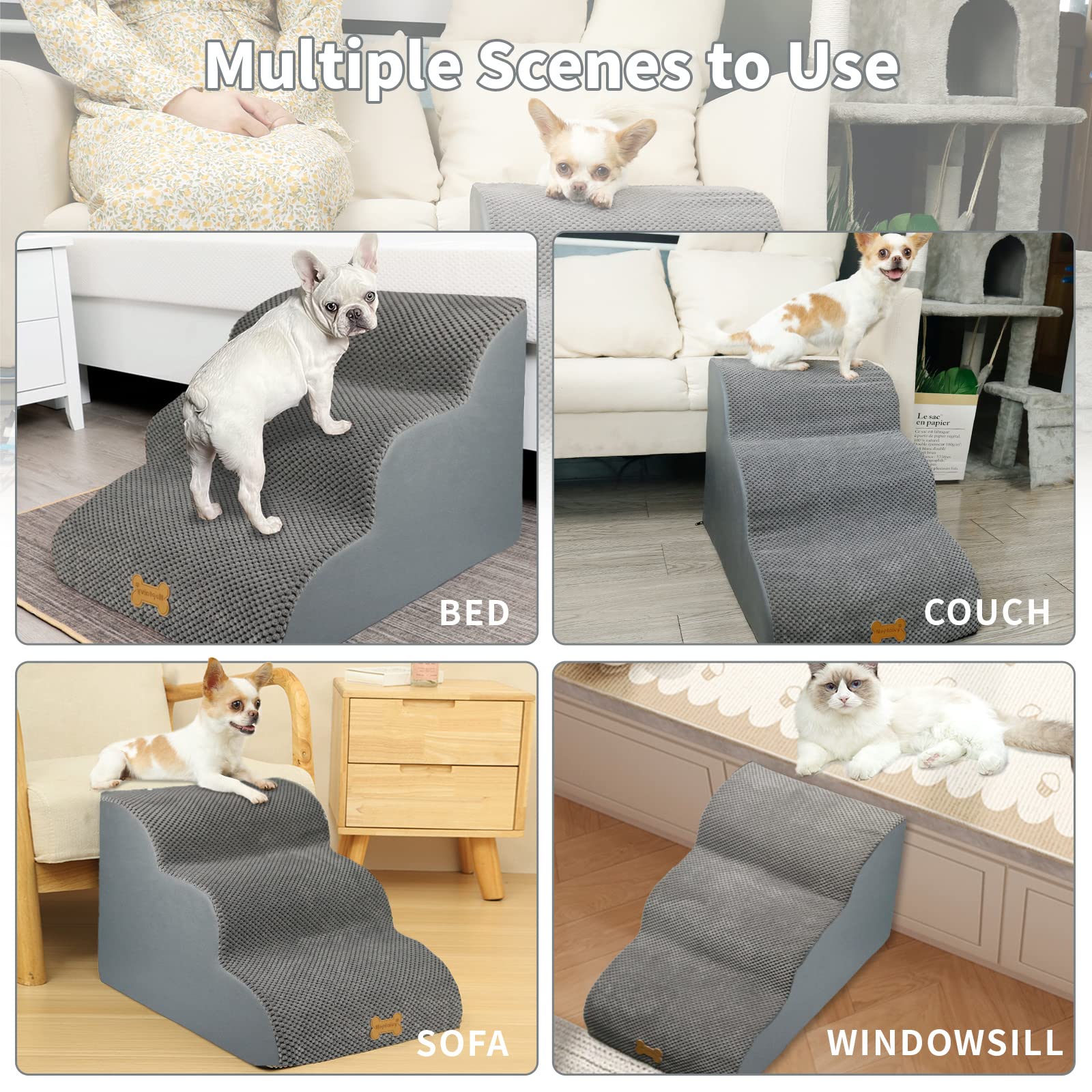 Gadvera 3-Step Dog Stairs - Non-Slip, High-Density Foam, Removable Cover