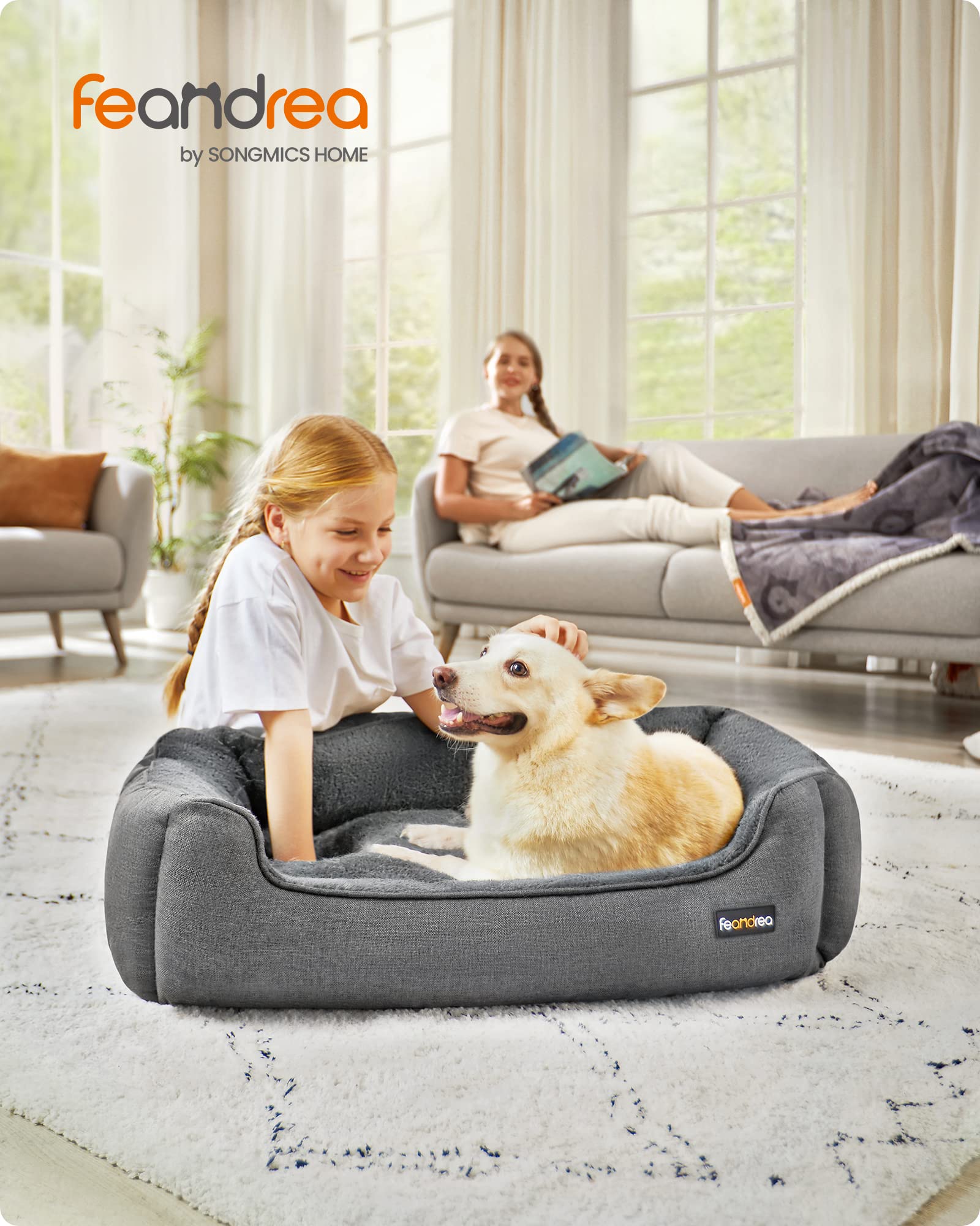 Gadvera Dog Bed - Linen-Look, Raised Edges, Non-Slip, Washable Cover, L (90x75x25cm)