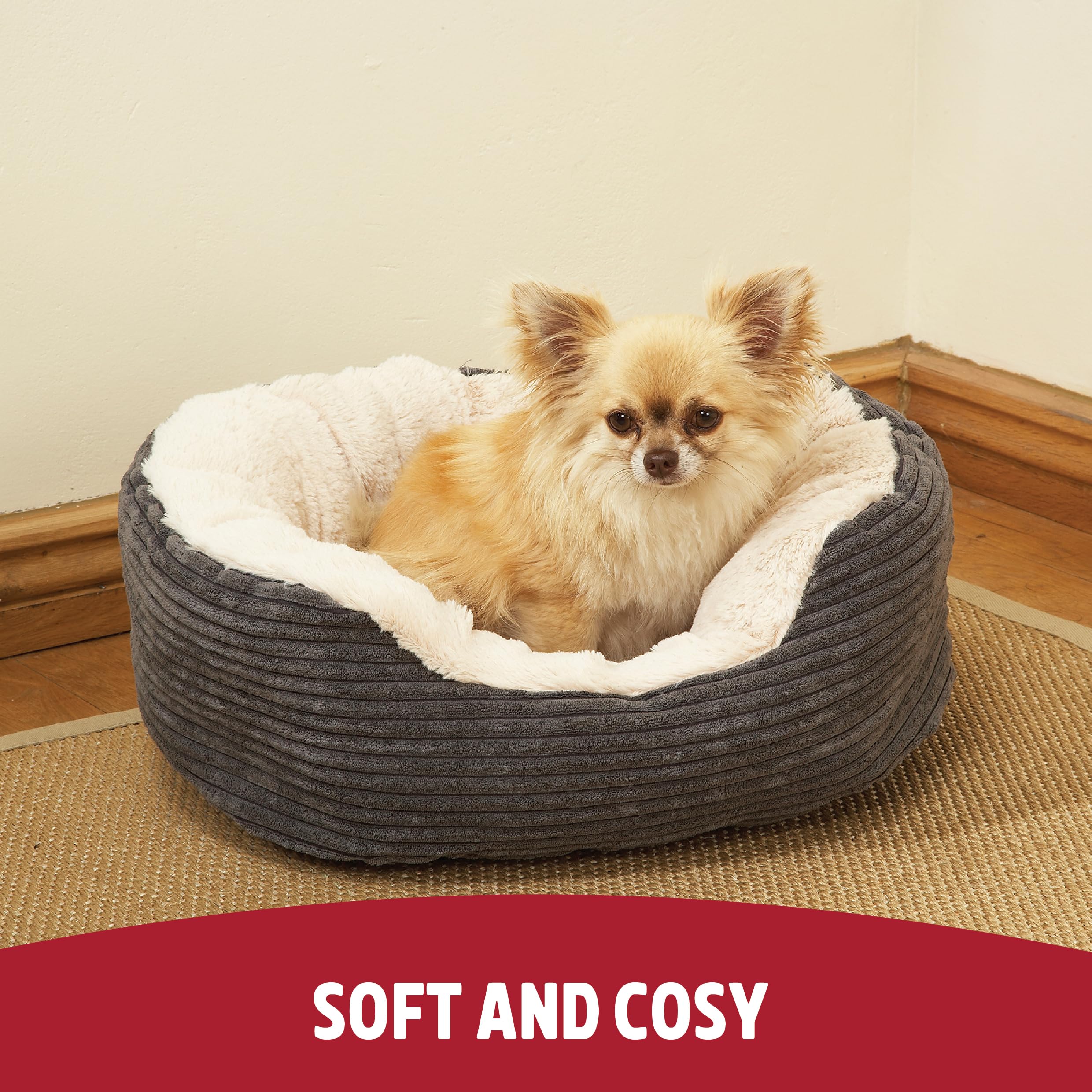 Gadvera Jumbo Cord Plush Dog Bed - Washable Oval Cushion, Non-Slip Base, 62x60cm - Grey/Cream