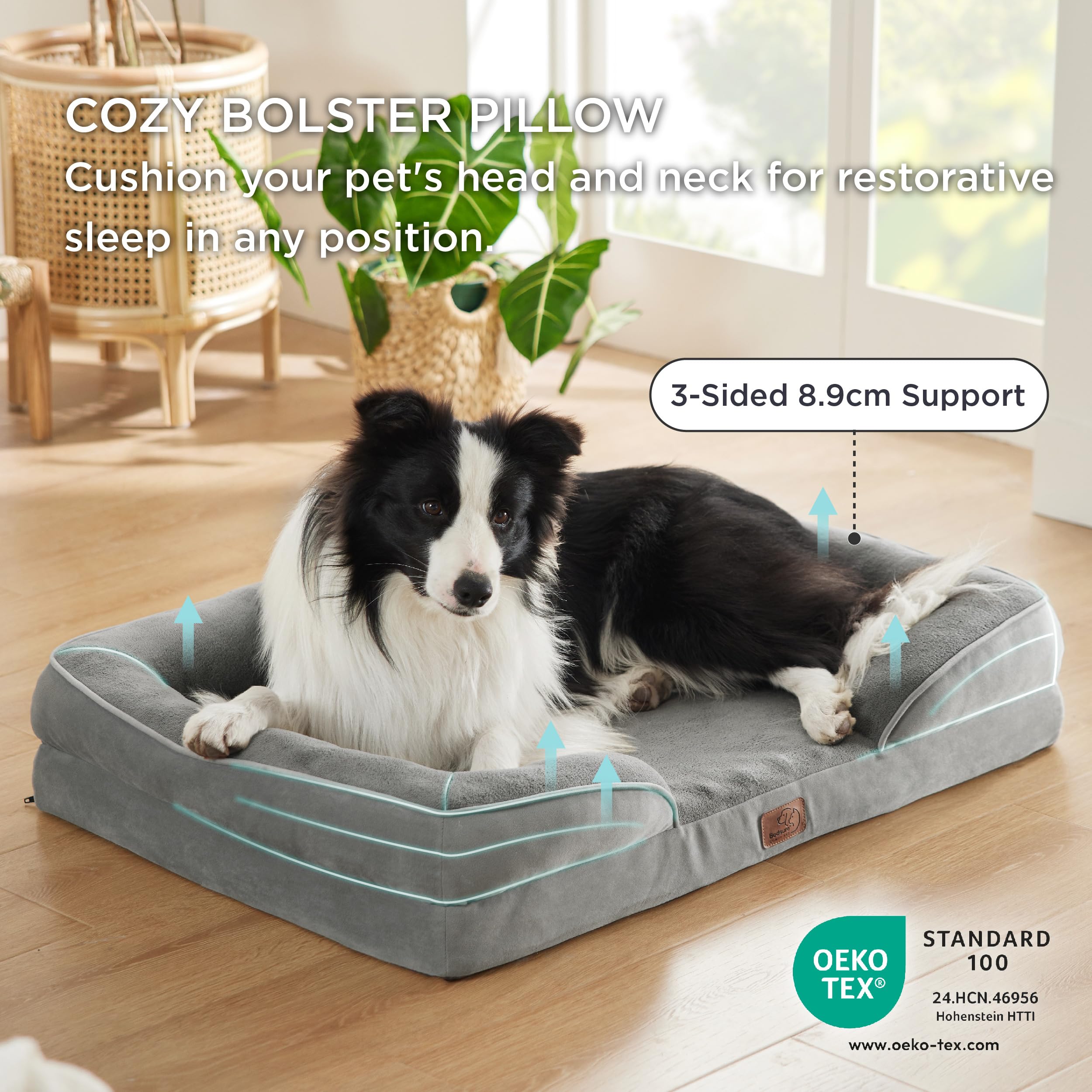 Gadvera Large Orthopedic Dog Bed Sofa - Washable, U-Shape Bolster, Waterproof, 89x63x16cm - Grey