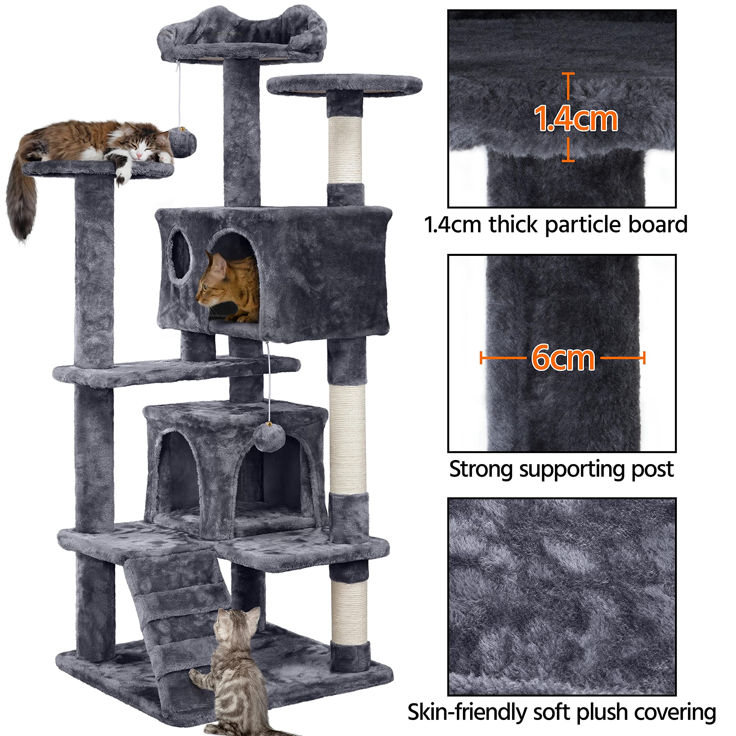 Gadvera 138.5cm Cat Tree - Scratching Posts, Condos & Ladder - Dark Grey