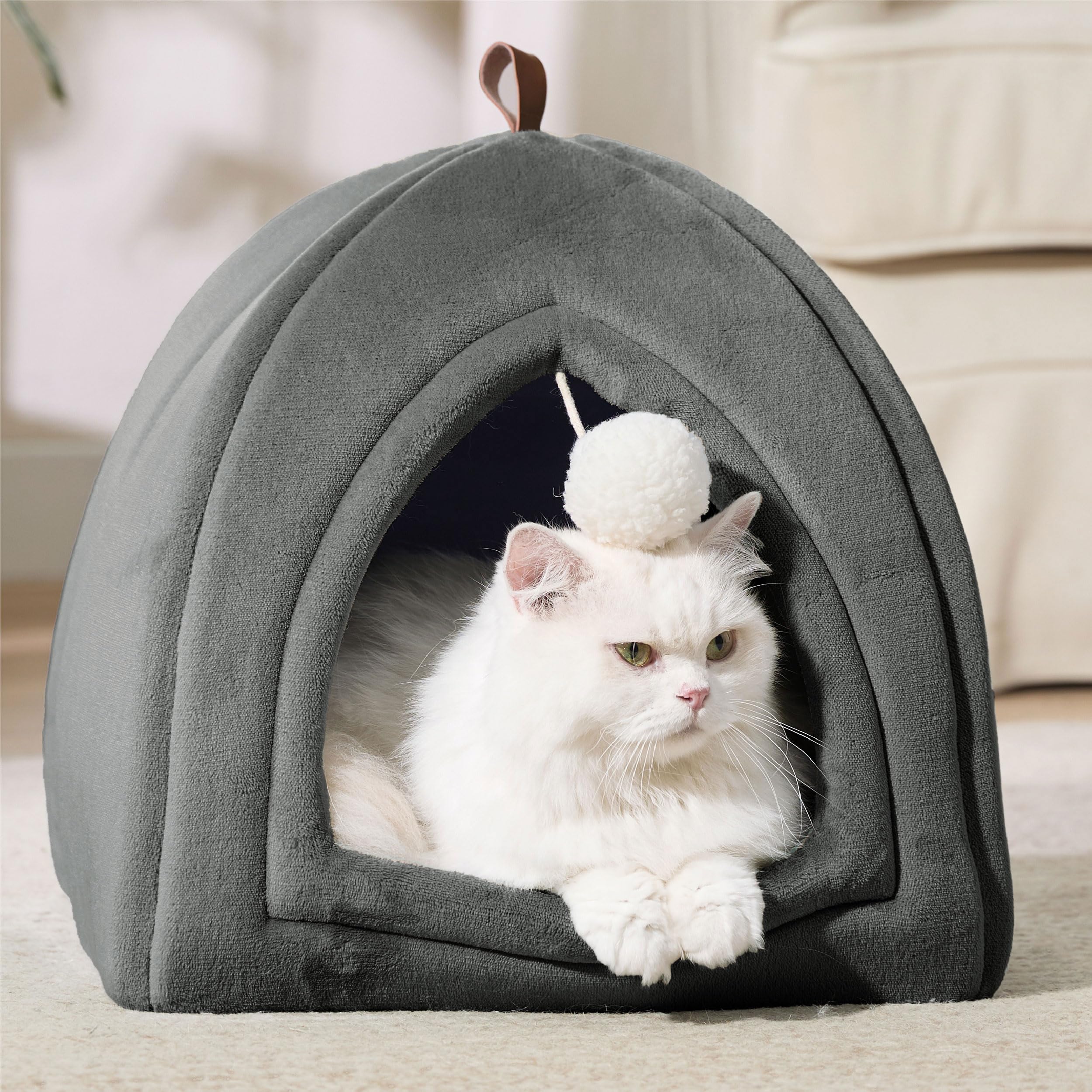 Gadvera Cat Cave Bed - Hooded Flannel Igloo, Foldable, Washable Cushion, 40x40x40cm - Dark Grey