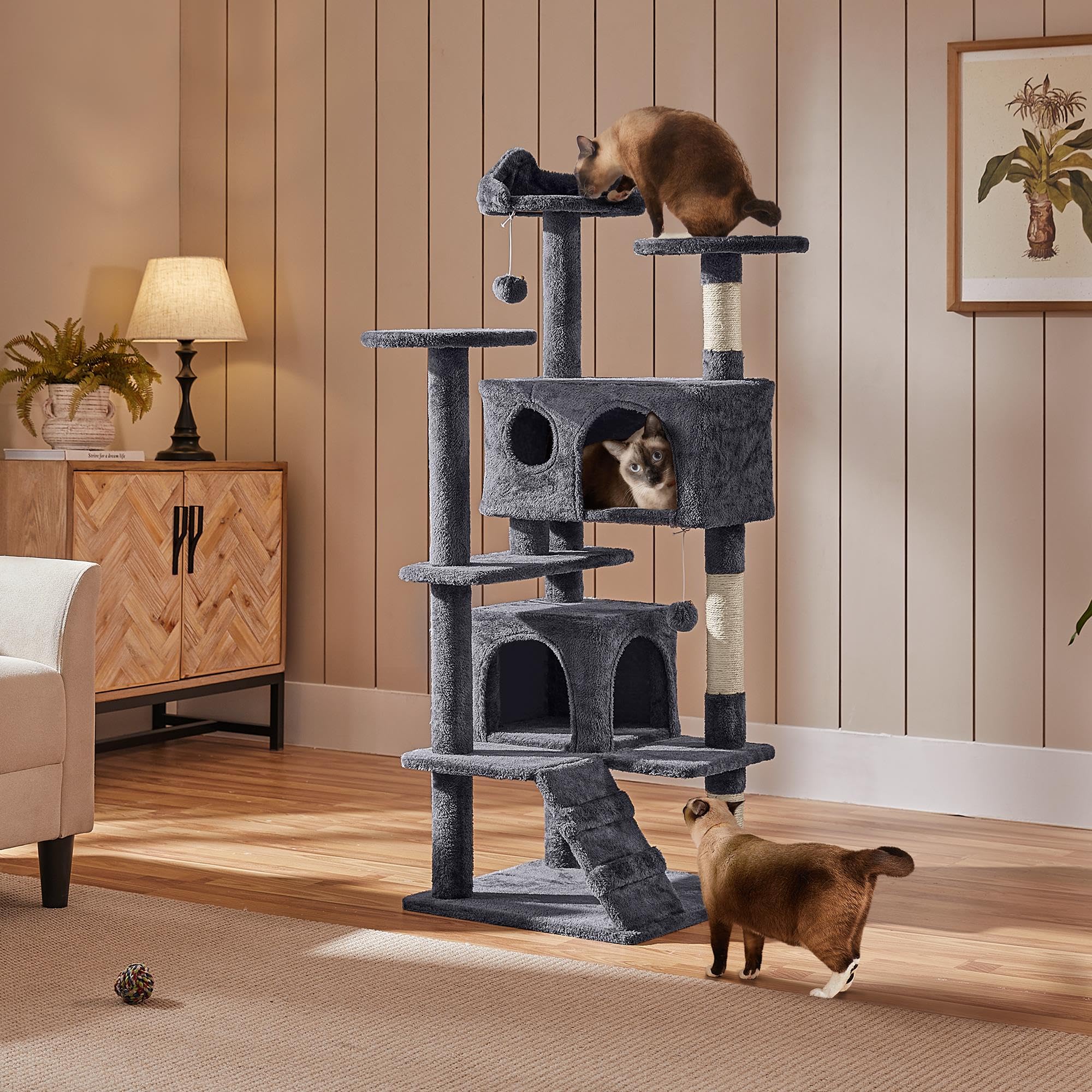 Gadvera 138.5cm Cat Tree - Scratching Posts, Condos & Ladder - Dark Grey