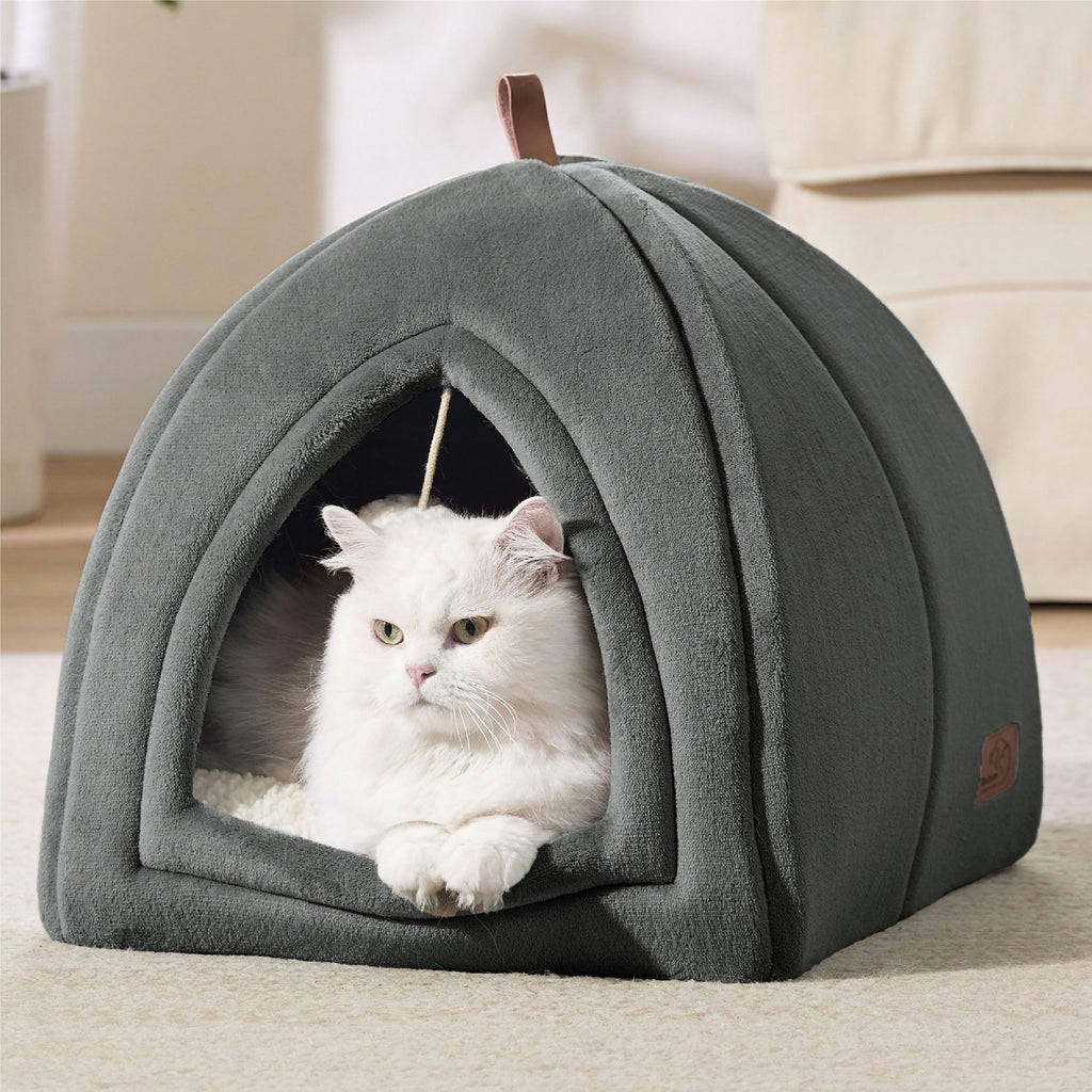Gadvera Cat Cave Bed - Hooded Flannel Igloo, Foldable, Washable Cushion, 40x40x40cm - Dark Grey