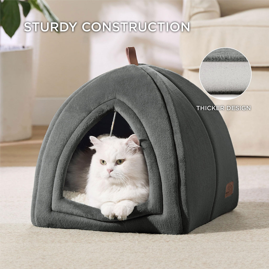 Gadvera Cat Cave Bed - Hooded Flannel Igloo, Foldable, Washable Cushion, 40x40x40cm - Dark Grey