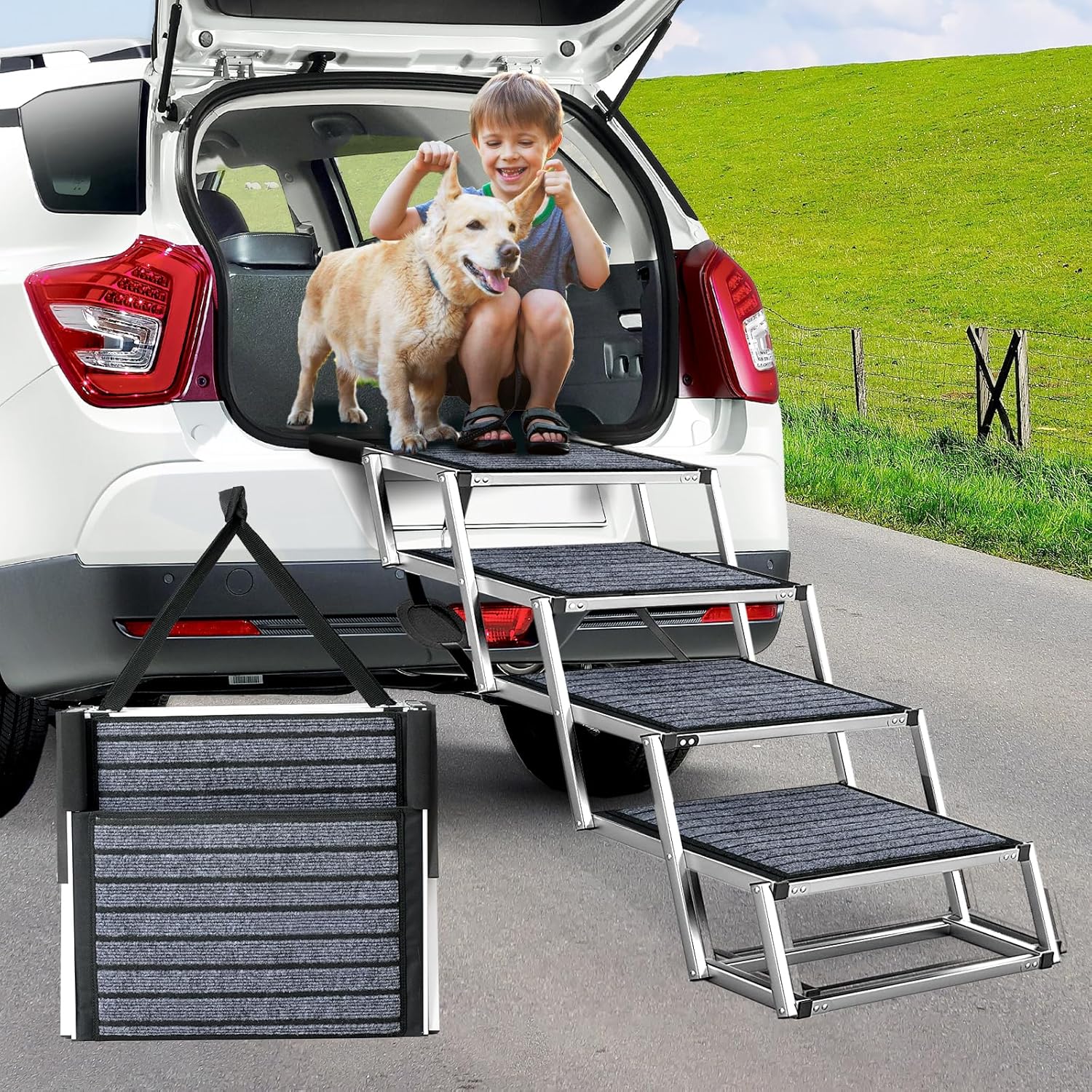 Gadvera™ Extra-Wide Aluminum Dog Ramp – Non-Slip 4-Step Folding Pet Stairs for Cars, SUVs & Trucks | Lightweight, Easy to Fold, with Carpet Surface for Safe Travel