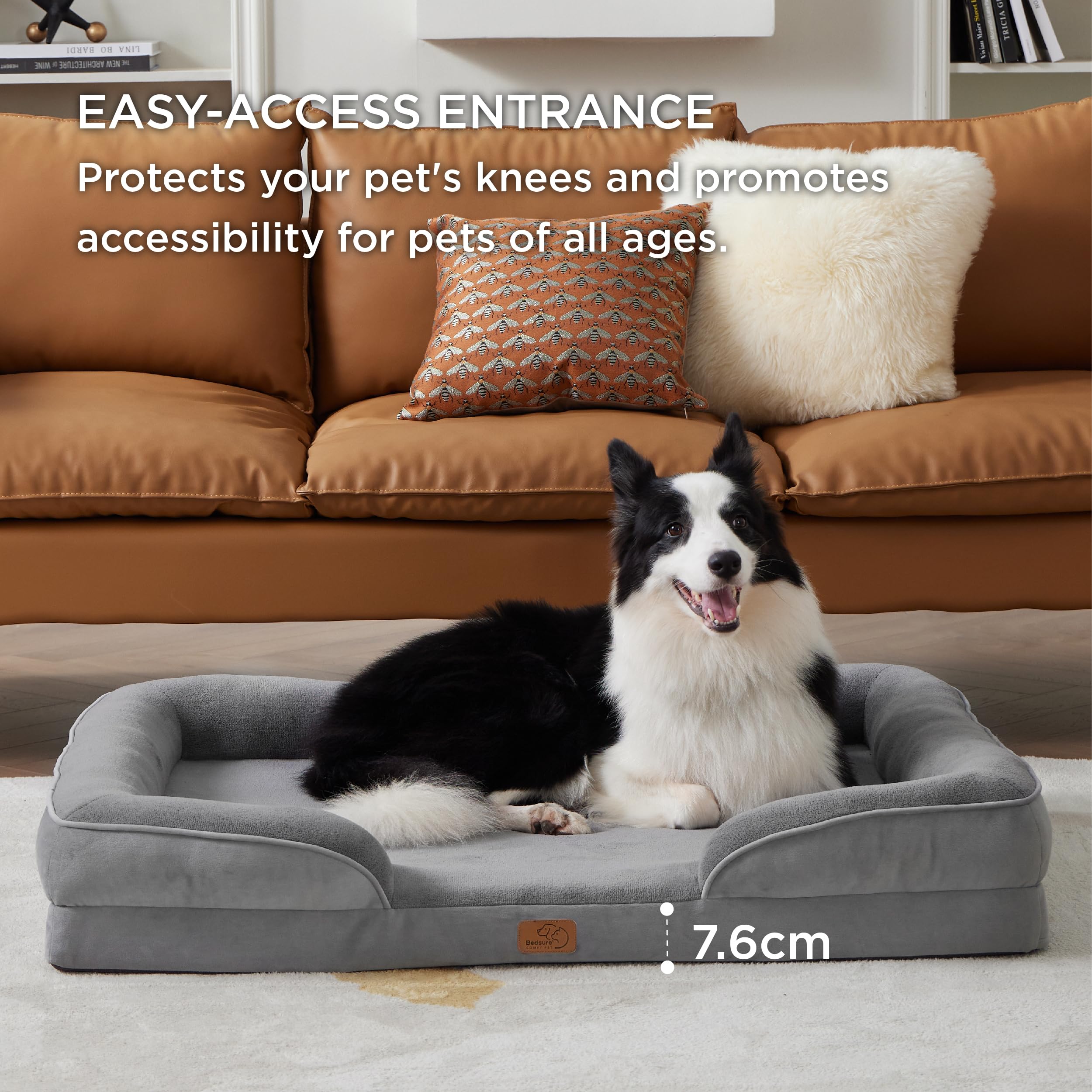 Gadvera Large Orthopedic Dog Bed Sofa - Washable, U-Shape Bolster, Waterproof, 89x63x16cm - Grey