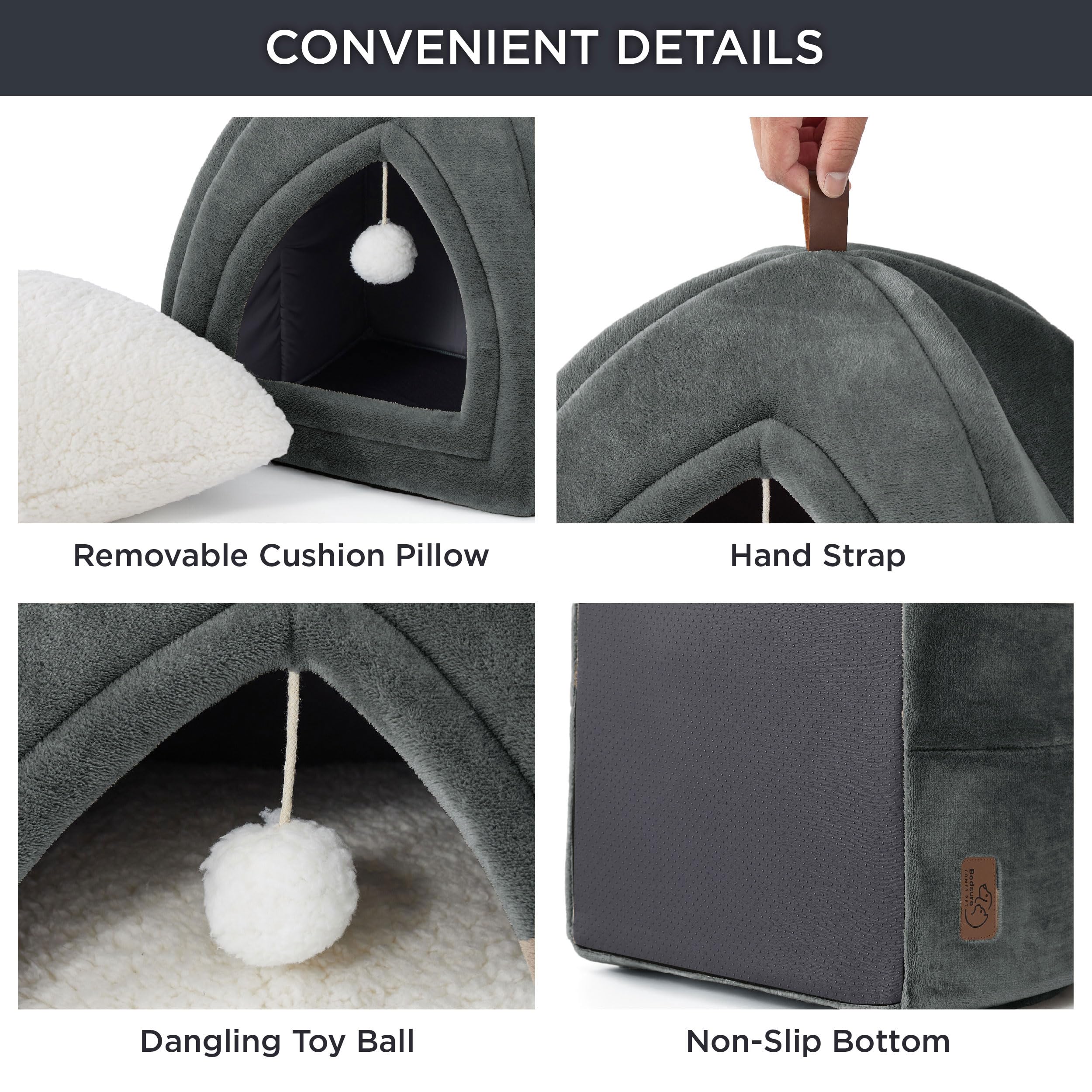 Gadvera Cat Cave Bed - Hooded Flannel Igloo, Foldable, Washable Cushion, 40x40x40cm - Dark Grey