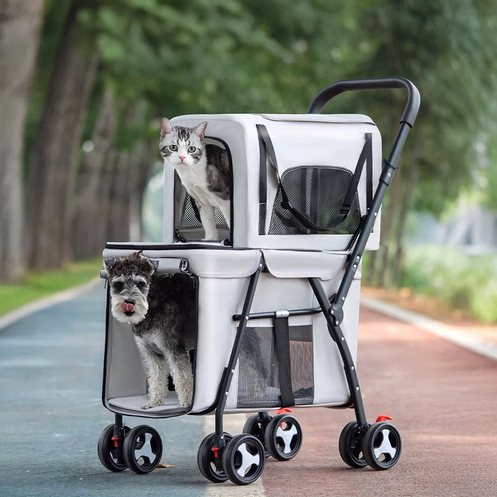 Lightweight Foldable Double-Layer Pet Stroller – Breathable & Ventilated Dog & Cat Travel Cart | Outdoor Multifunctional Pet Carrier with Storage Basket