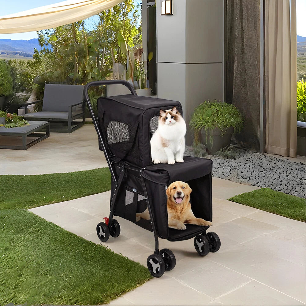 Lightweight Foldable Double-Layer Pet Stroller – Breathable & Ventilated Dog & Cat Travel Cart | Outdoor Multifunctional Pet Carrier with Storage Basket