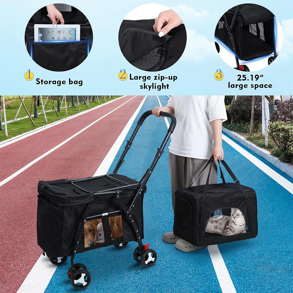 Lightweight Foldable Double-Layer Pet Stroller – Breathable & Ventilated Dog & Cat Travel Cart | Outdoor Multifunctional Pet Carrier with Storage Basket