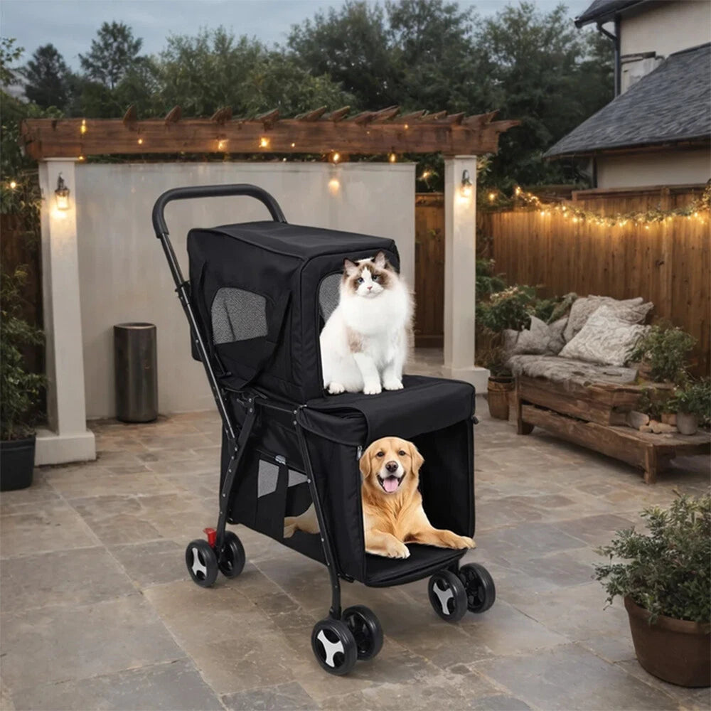 Lightweight Foldable Double-Layer Pet Stroller – Breathable & Ventilated Dog & Cat Travel Cart | Outdoor Multifunctional Pet Carrier with Storage Basket