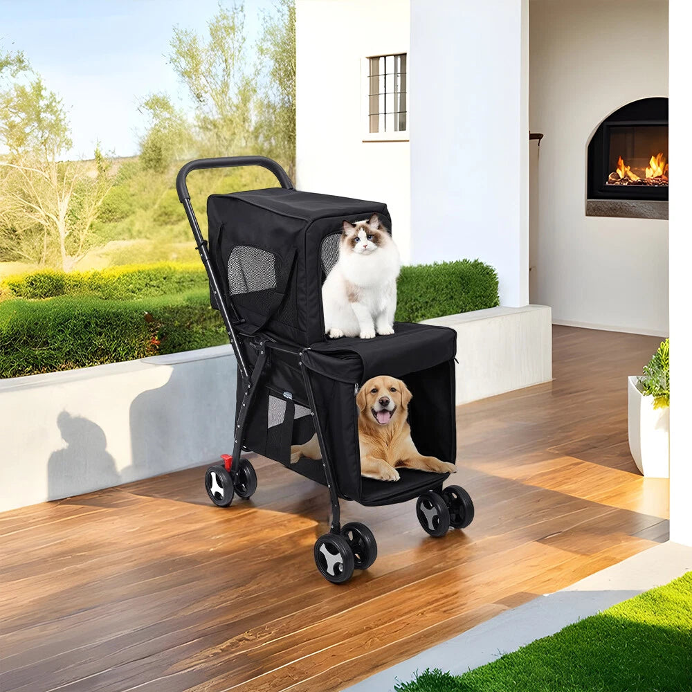 Lightweight Foldable Double-Layer Pet Stroller – Breathable & Ventilated Dog & Cat Travel Cart | Outdoor Multifunctional Pet Carrier with Storage Basket