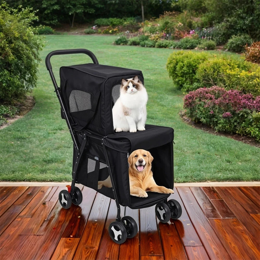 Lightweight Foldable Double-Layer Pet Stroller – Breathable & Ventilated Dog & Cat Travel Cart | Outdoor Multifunctional Pet Carrier with Storage Basket