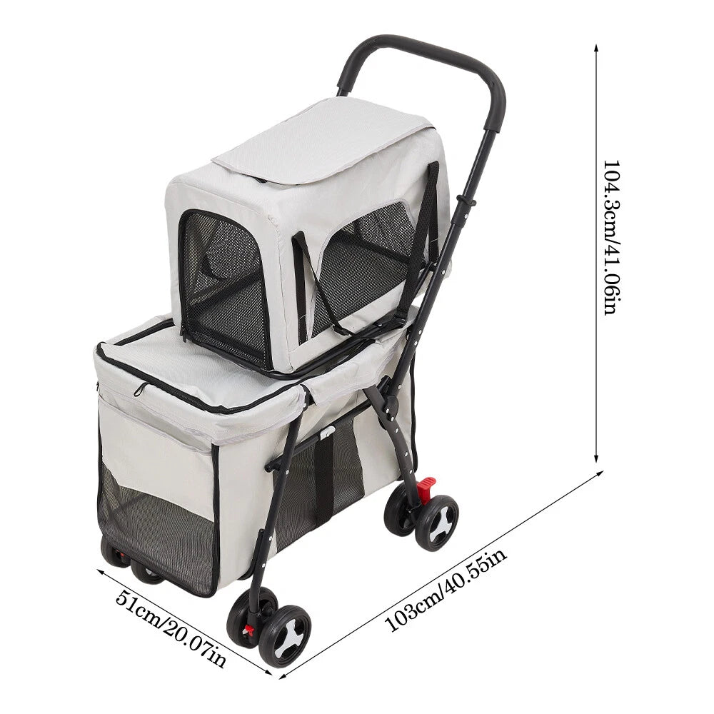 Lightweight Foldable Double-Layer Pet Stroller – Breathable & Ventilated Dog & Cat Travel Cart | Outdoor Multifunctional Pet Carrier with Storage Basket