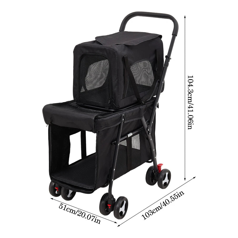 Lightweight Foldable Double-Layer Pet Stroller – Breathable & Ventilated Dog & Cat Travel Cart | Outdoor Multifunctional Pet Carrier with Storage Basket