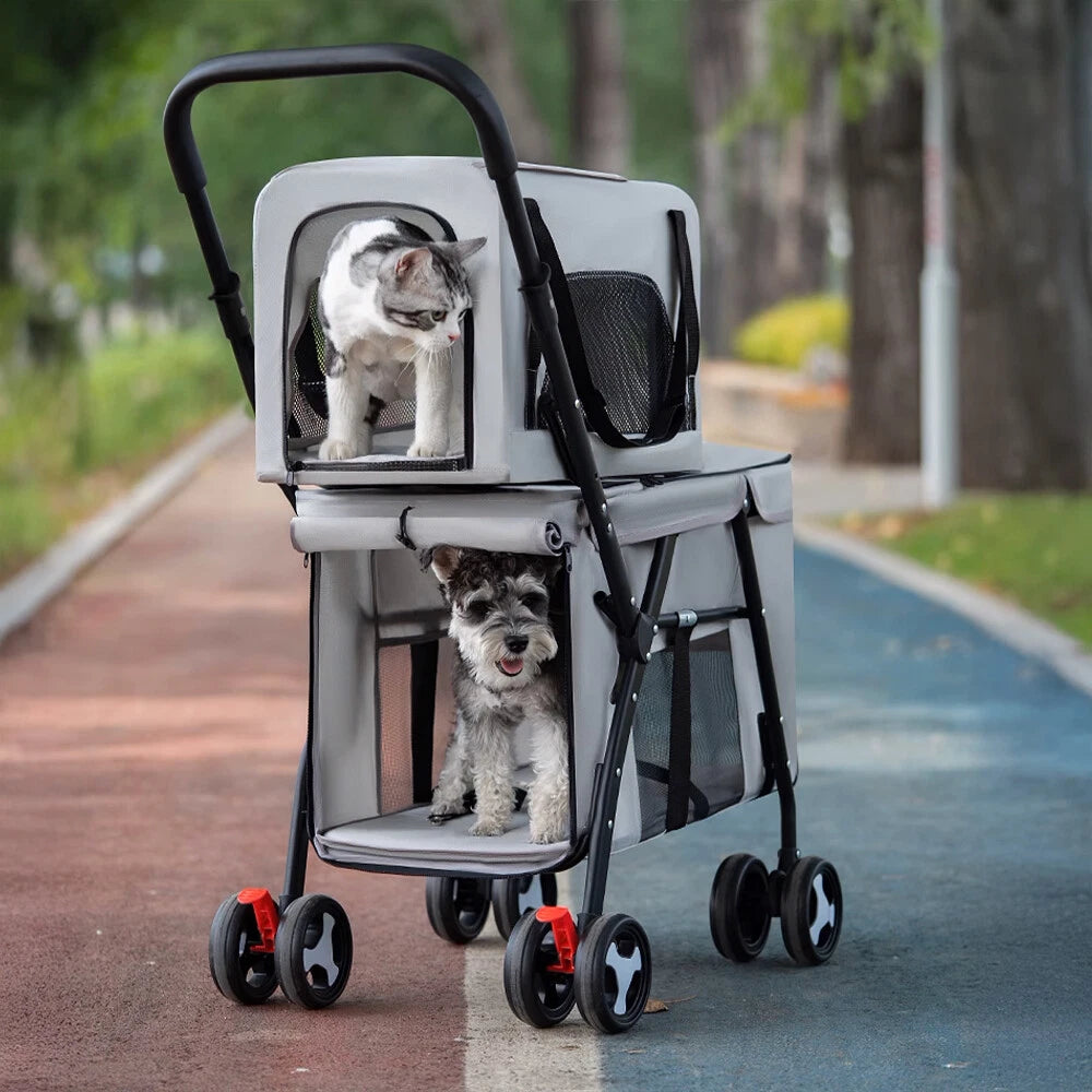 Lightweight Foldable Double-Layer Pet Stroller – Breathable & Ventilated Dog & Cat Travel Cart | Outdoor Multifunctional Pet Carrier with Storage Basket