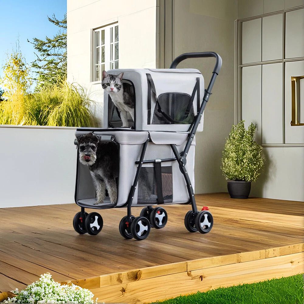 Lightweight Foldable Double-Layer Pet Stroller – Breathable & Ventilated Dog & Cat Travel Cart | Outdoor Multifunctional Pet Carrier with Storage Basket