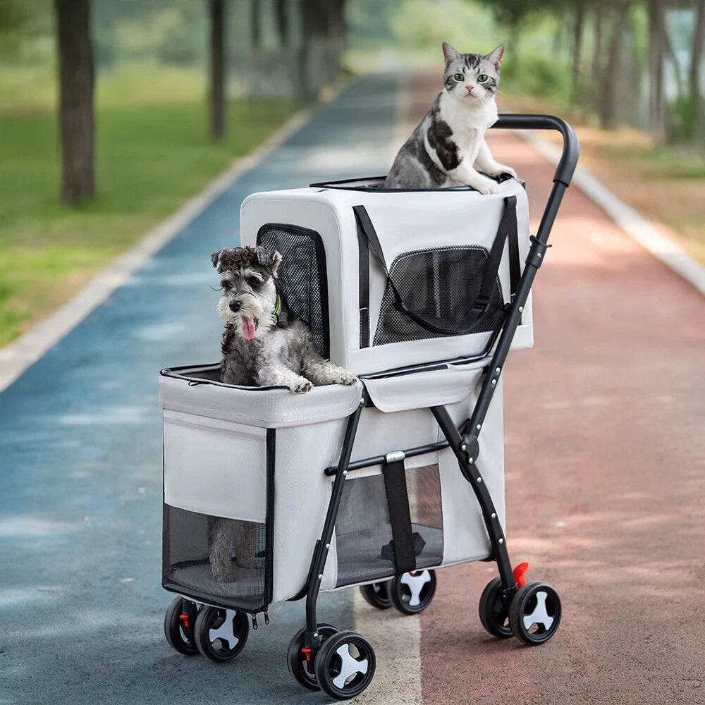 Lightweight Foldable Double-Layer Pet Stroller – Breathable & Ventilated Dog & Cat Travel Cart | Outdoor Multifunctional Pet Carrier with Storage Basket