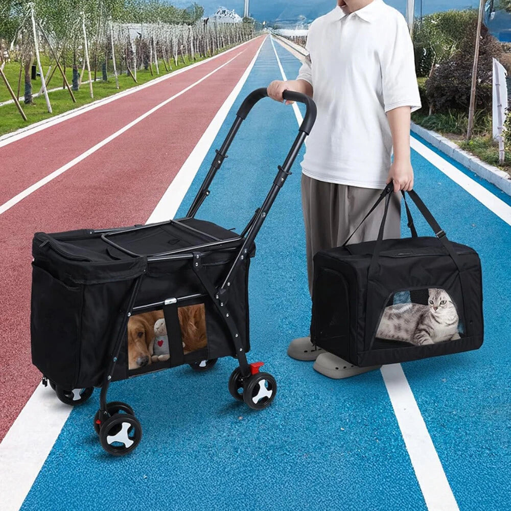 Lightweight Foldable Double-Layer Pet Stroller – Breathable & Ventilated Dog & Cat Travel Cart | Outdoor Multifunctional Pet Carrier with Storage Basket
