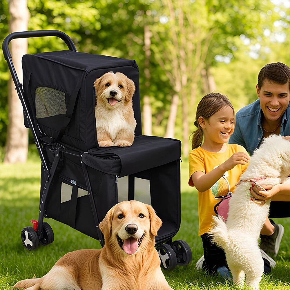Lightweight Foldable Double-Layer Pet Stroller – Breathable & Ventilated Dog & Cat Travel Cart | Outdoor Multifunctional Pet Carrier with Storage Basket
