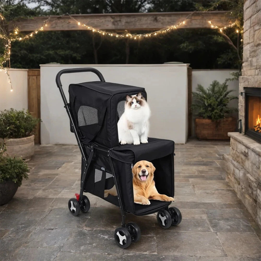 Lightweight Foldable Double-Layer Pet Stroller – Breathable & Ventilated Dog & Cat Travel Cart | Outdoor Multifunctional Pet Carrier with Storage Basket